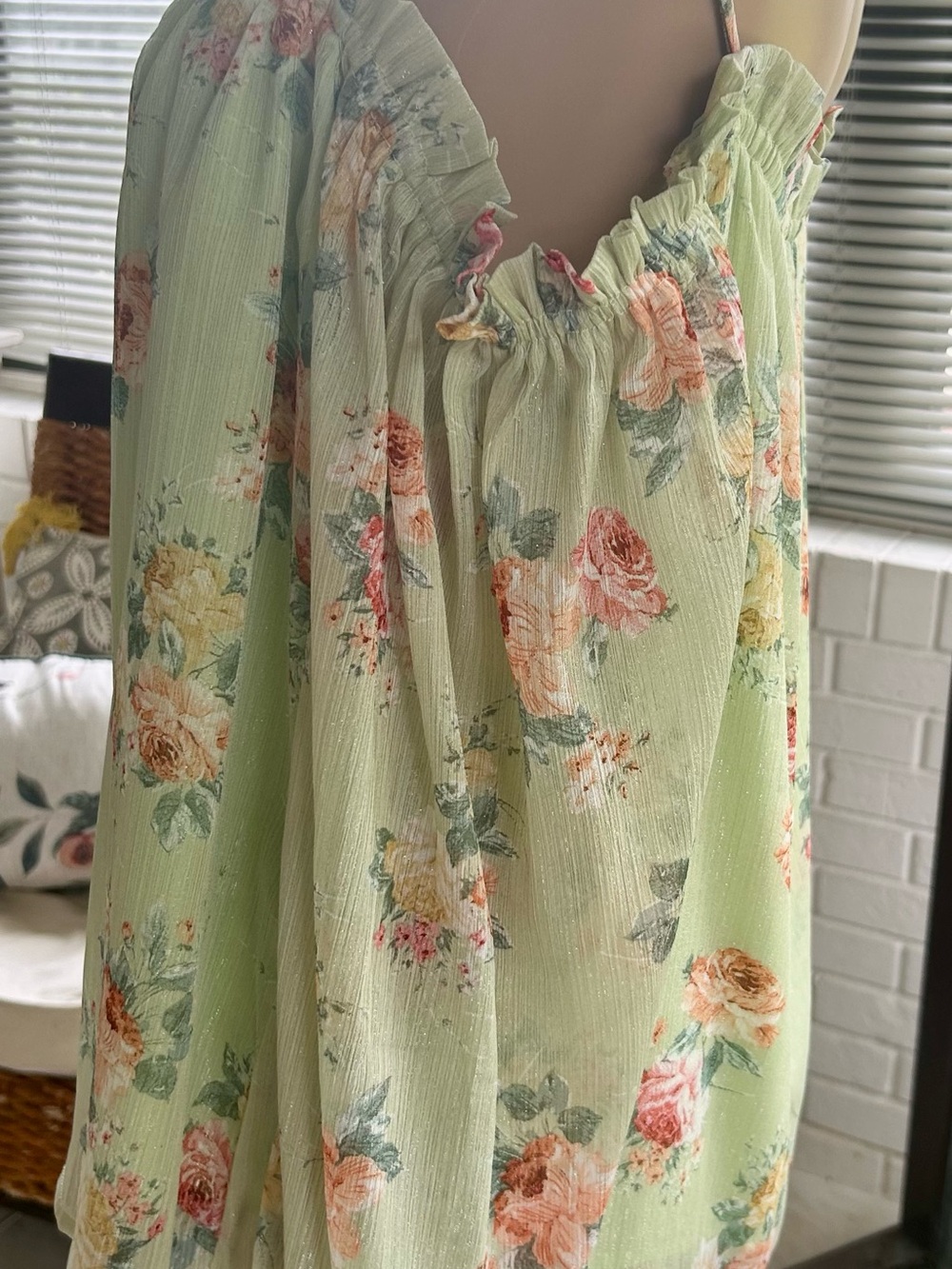 Lumiere Pastel Green Floral Peasant Blouse
